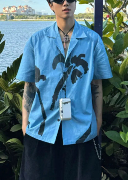 Print Collar Cotton Blue Summer Pan Peter Men Button Shirts