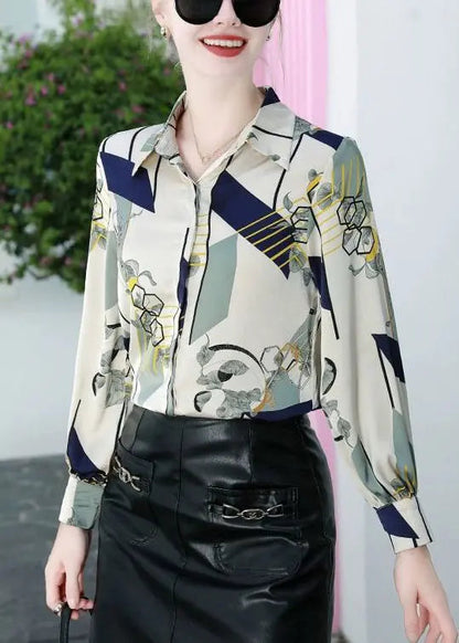 Blue Button Print Silk Blouses Peter Pan Collar Spring Ada Fashion