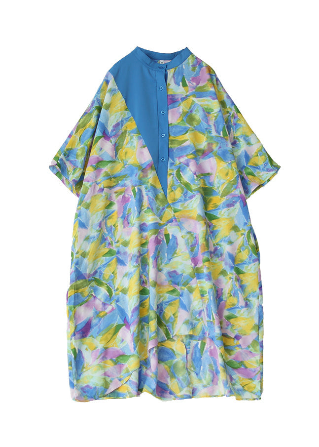 Blue Cotton Shirt Dresses Stand Collar Tie Dye Summer AP043