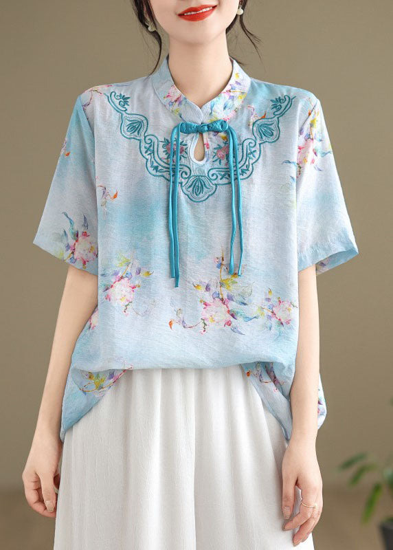 Blue Cotton Shirt Tasseled Stand Collar Embroidered Summer AP089