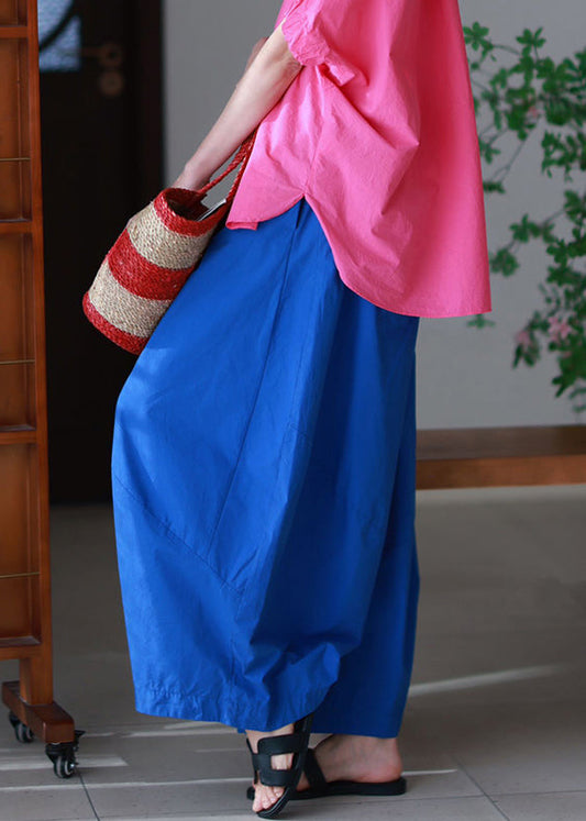 Elastic Blue Pants Pockets Waist Summer Loose Cotton