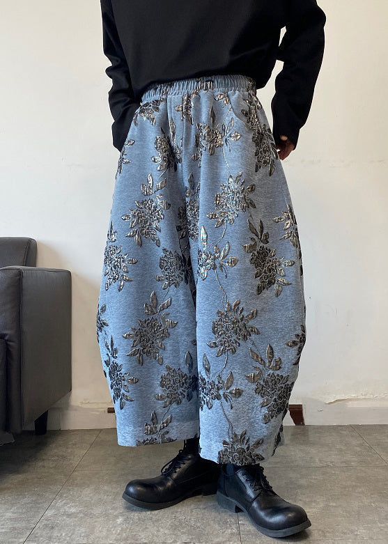 Pantalon large bleu brodé pour homme, taille élastique, printemps RM027