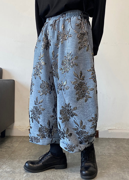 Pantalon large bleu brodé pour homme, taille élastique, printemps RM027