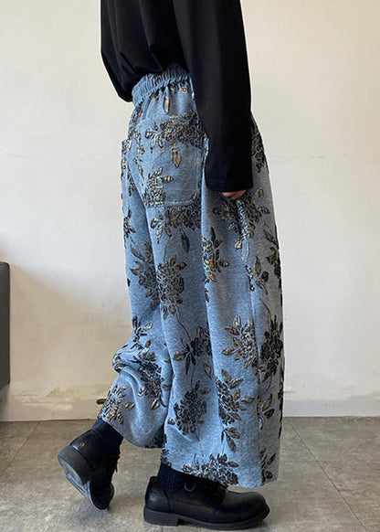 Pantalon large bleu brodé pour homme, taille élastique, printemps RM027