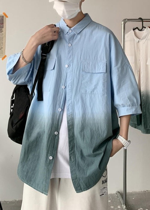 Pan Farbe Blau Kragen Gradient Baumwolle Taste Männer Peter Shirts