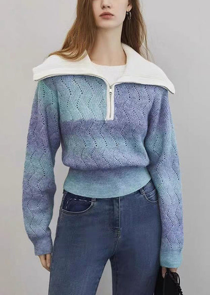 Pull en laine ajouré à dégradé de couleurs bleu avec fermeture éclair pour l'hiver WK024