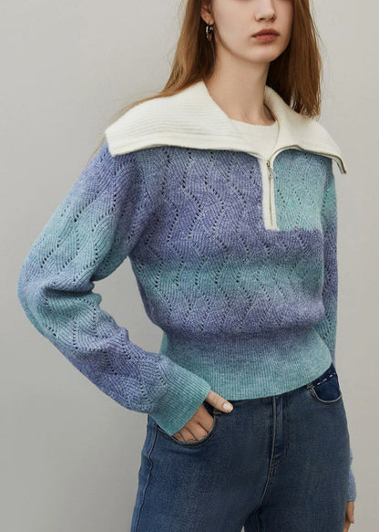 Pull en laine ajouré à dégradé de couleurs bleu avec fermeture éclair pour l'hiver WK024