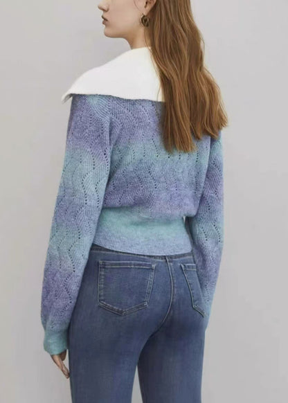 Pull en laine ajouré à dégradé de couleurs bleu avec fermeture éclair pour l'hiver WK024