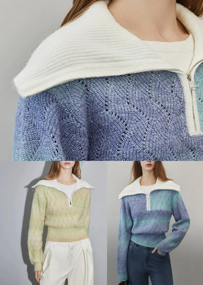 Pull en laine ajouré à dégradé de couleurs bleu avec fermeture éclair pour l'hiver WK024