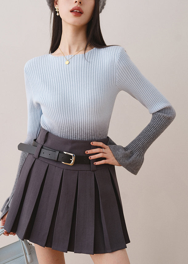 Blue Gradient Knit Sweaters Slash Neck Asymmetrical Fall WE005