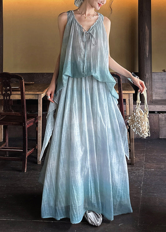 Sleeveless Lace Long Linen Up Ruffled Blue Dresses Silk