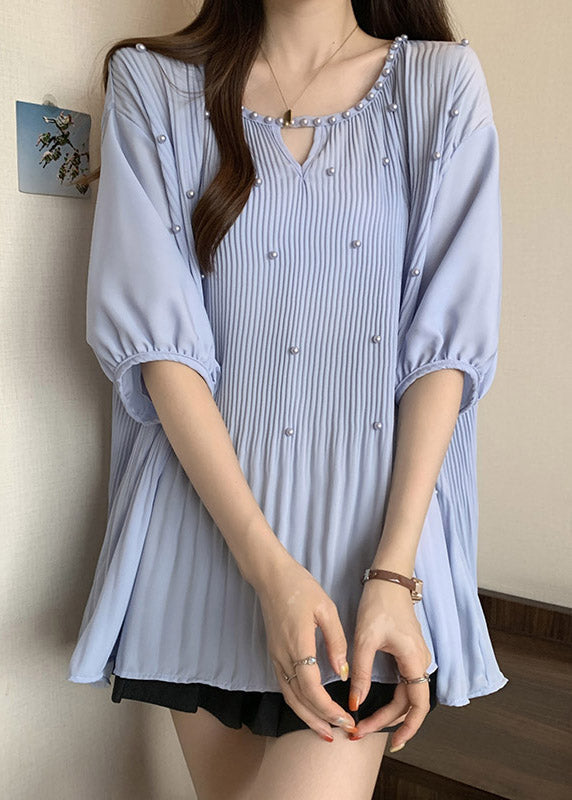 Blue Nail Bead Patchwork Chiffon Blouses O-Neck Half Sleeve RE036