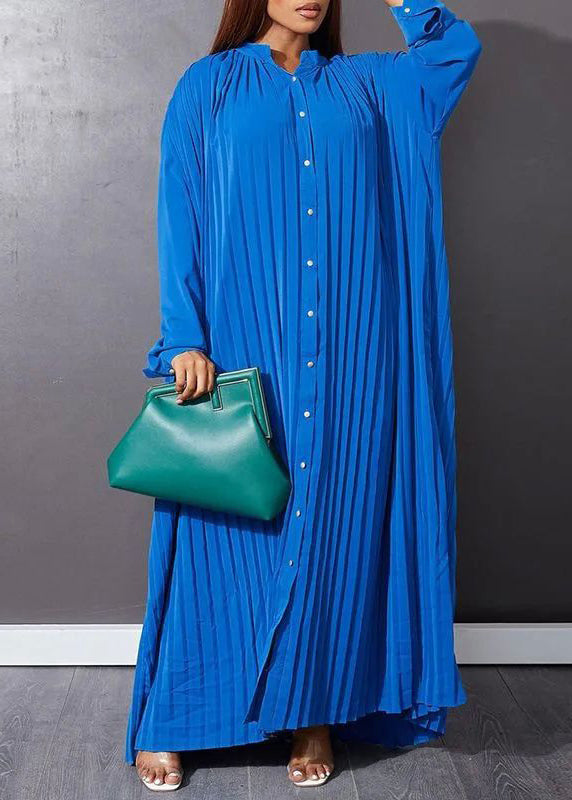 Blue O-Neck Button Vacation Maxi Dresses Long Sleeve VB1037