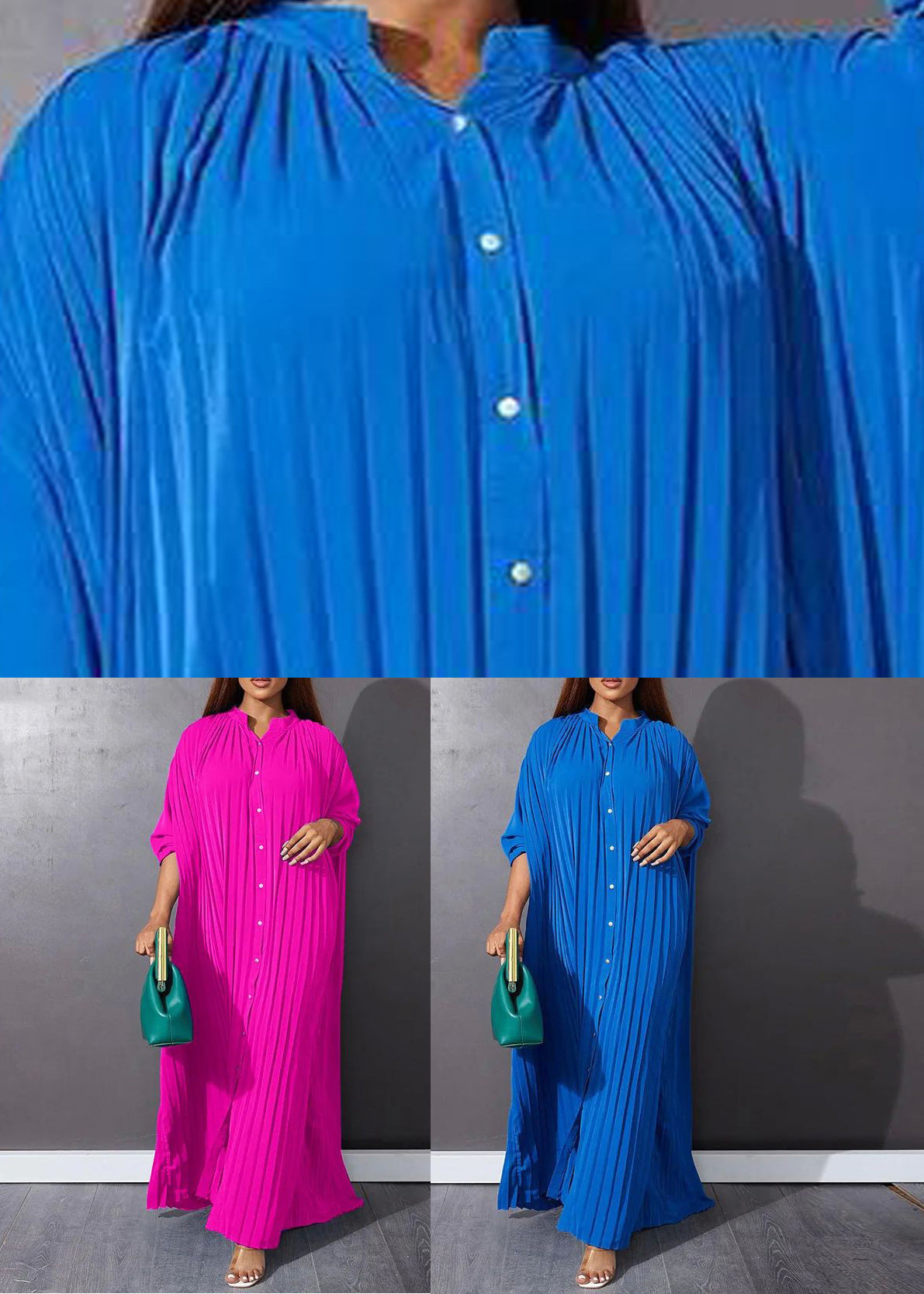 Blue O-Neck Button Vacation Maxi Dresses Long Sleeve VB1037