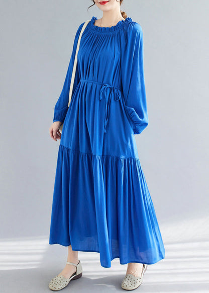 Robe longue en mousseline de soie à volants et col rond bleu Printemps GH1081