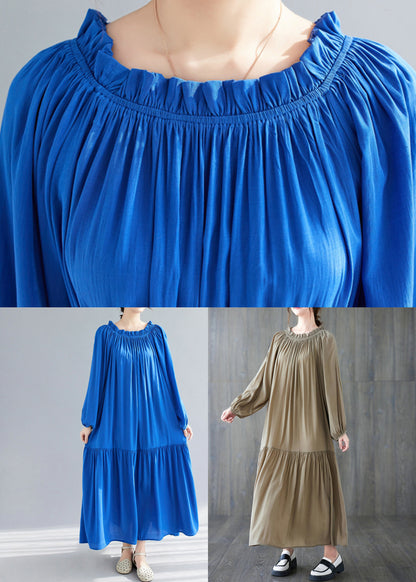 Robe longue en mousseline de soie à volants et col rond bleu Printemps GH1081