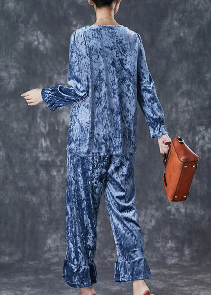 Blue Patchwork Silk Velour Two-Piece Set Square Collar Embroidered Fall Ada Fashion