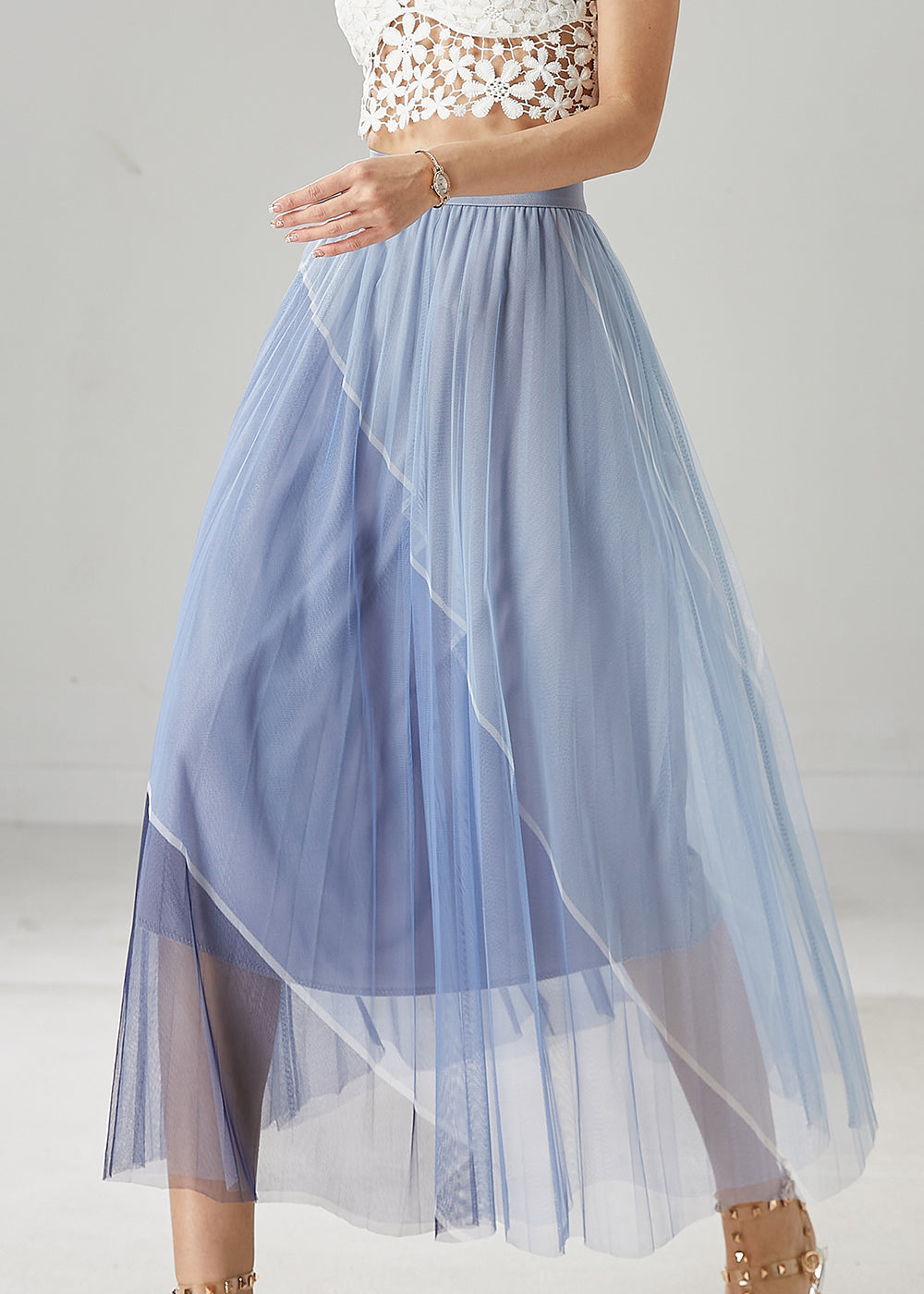 Blue Patchwork Tulle Vacation Skirts Elastic Waist Summer YU1030