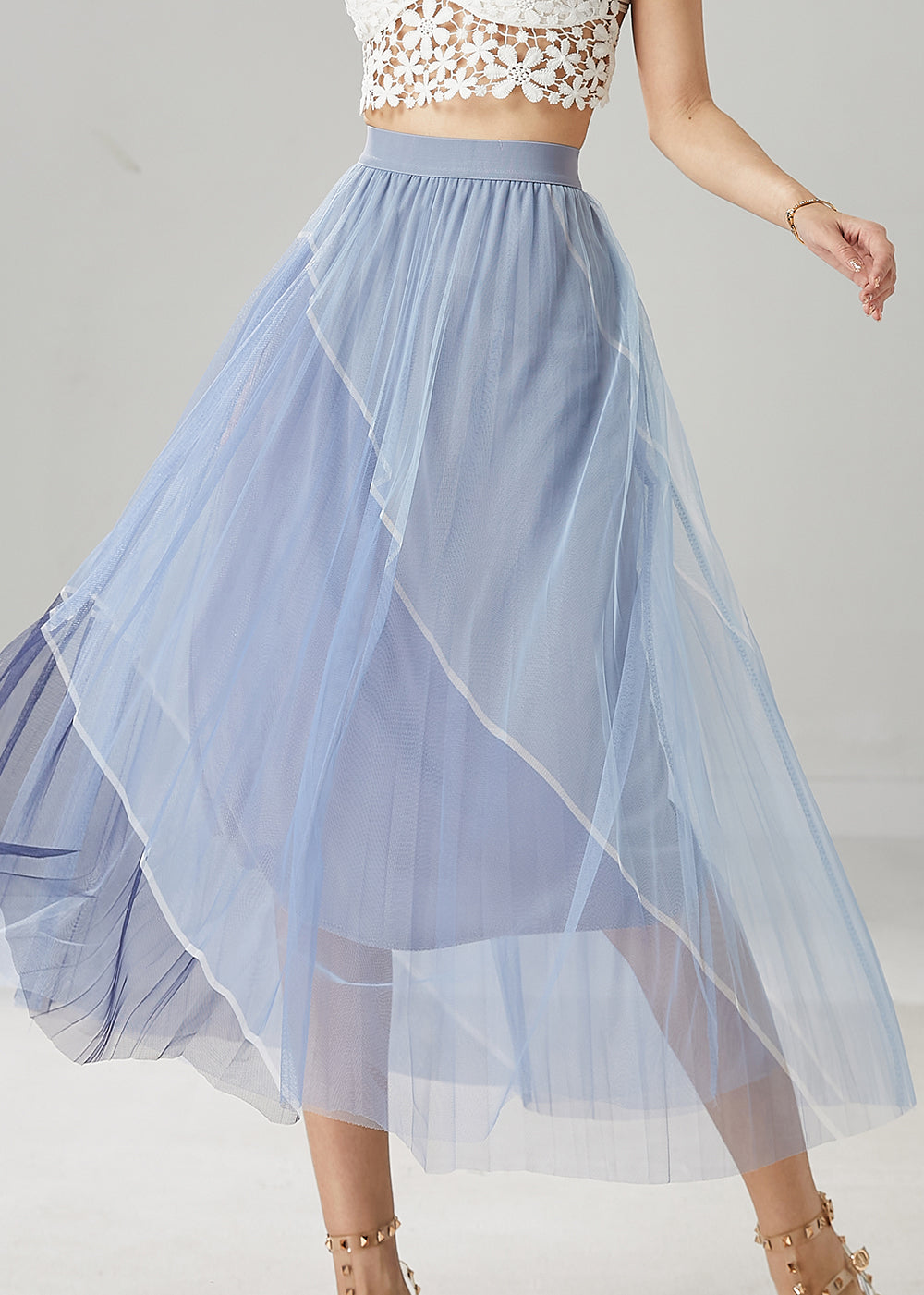 Blue Patchwork Tulle Vacation Skirts Elastic Waist Summer YU1030