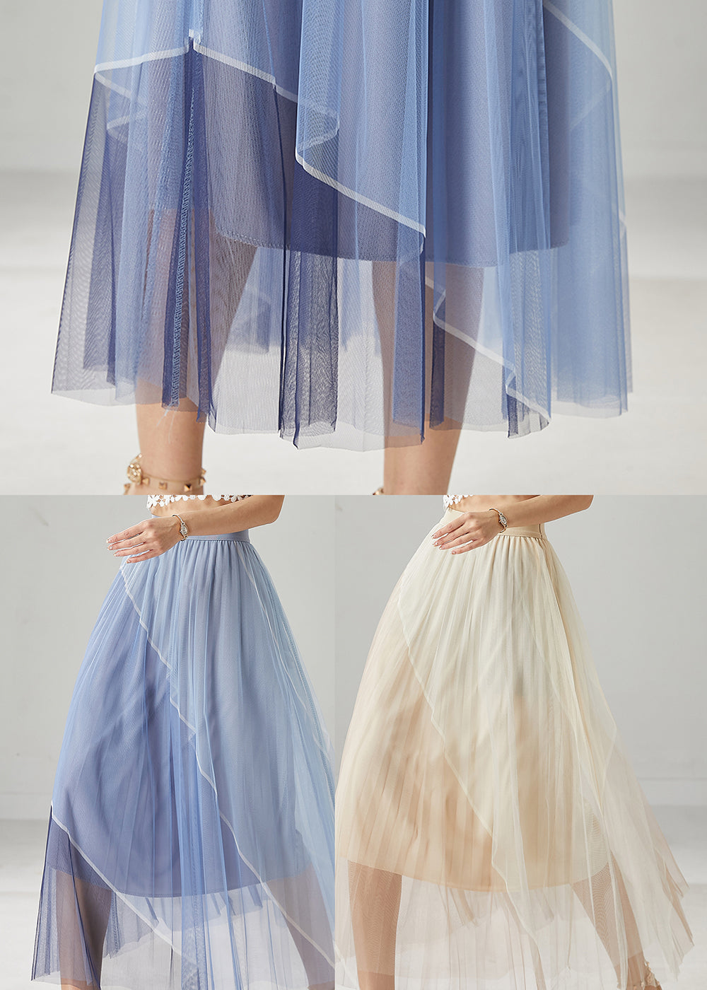 Blue Patchwork Tulle Vacation Skirts Elastic Waist Summer YU1030