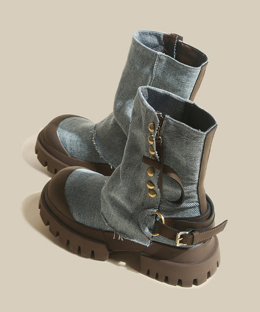 Bottes à plateforme en cuir de vachette et denim bleu