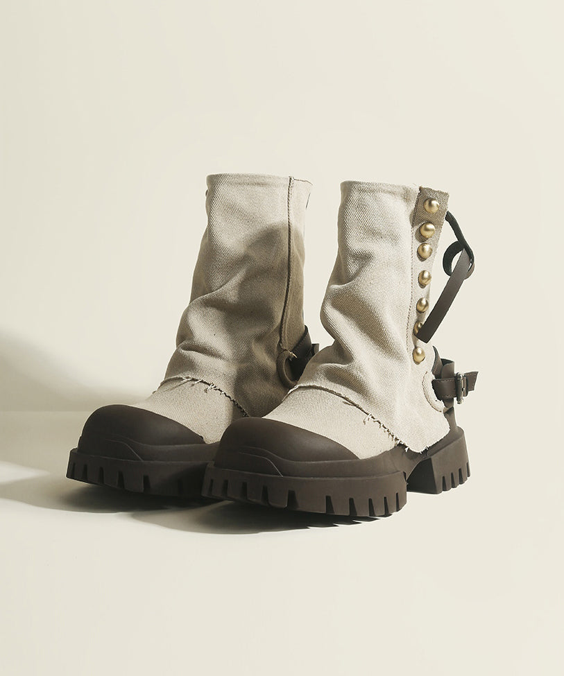 Rindsleder Denim Plateaustiefel Spleißen Blau