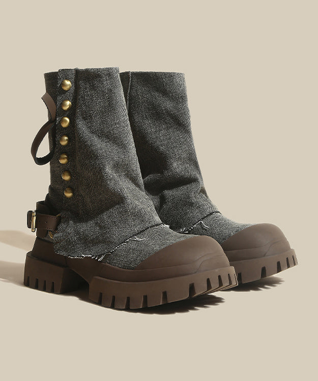 Rindsleder Denim Plateaustiefel Spleißen Blau