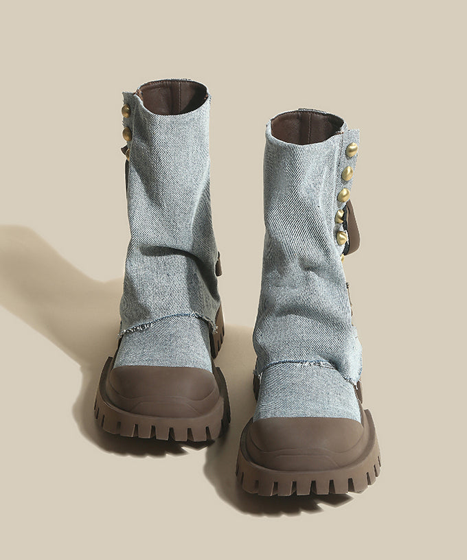 Rindsleder Denim Plateaustiefel Spleißen Blau