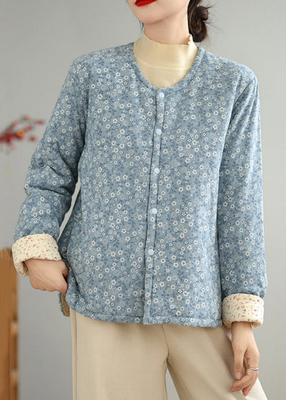 Manteau d'hiver en coton à imprimé bleu avec boutons et col rond QG032