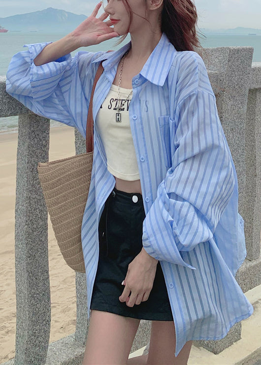 Blue Striped Cotton Shirt Tops Peter Pan Collar Fall RE014