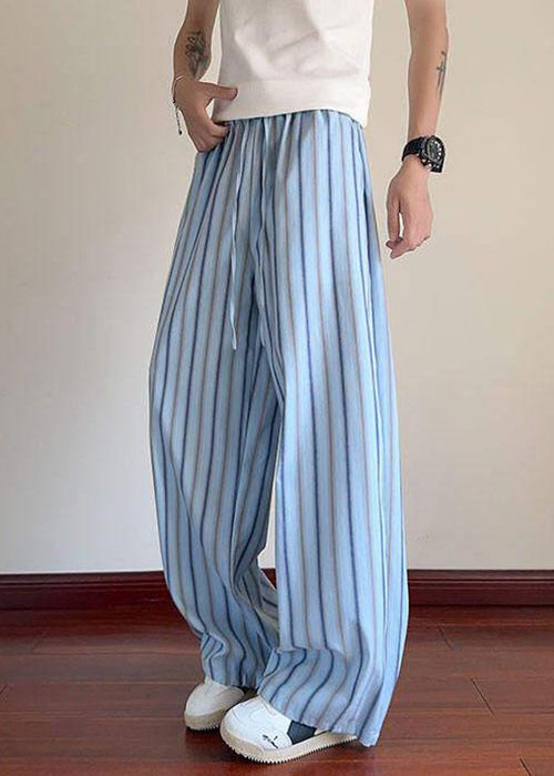 Pantalon élastique pour homme en dentelle à rayures, taille d'été, coton bleu