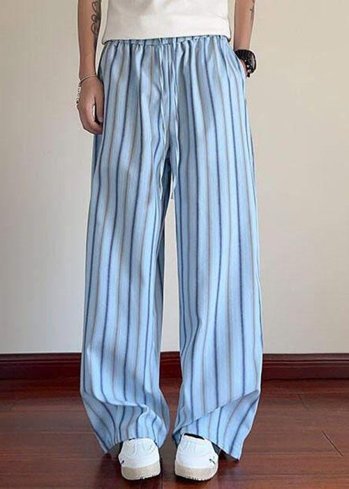 Pantalon élastique pour homme en dentelle à rayures, taille d'été, coton bleu