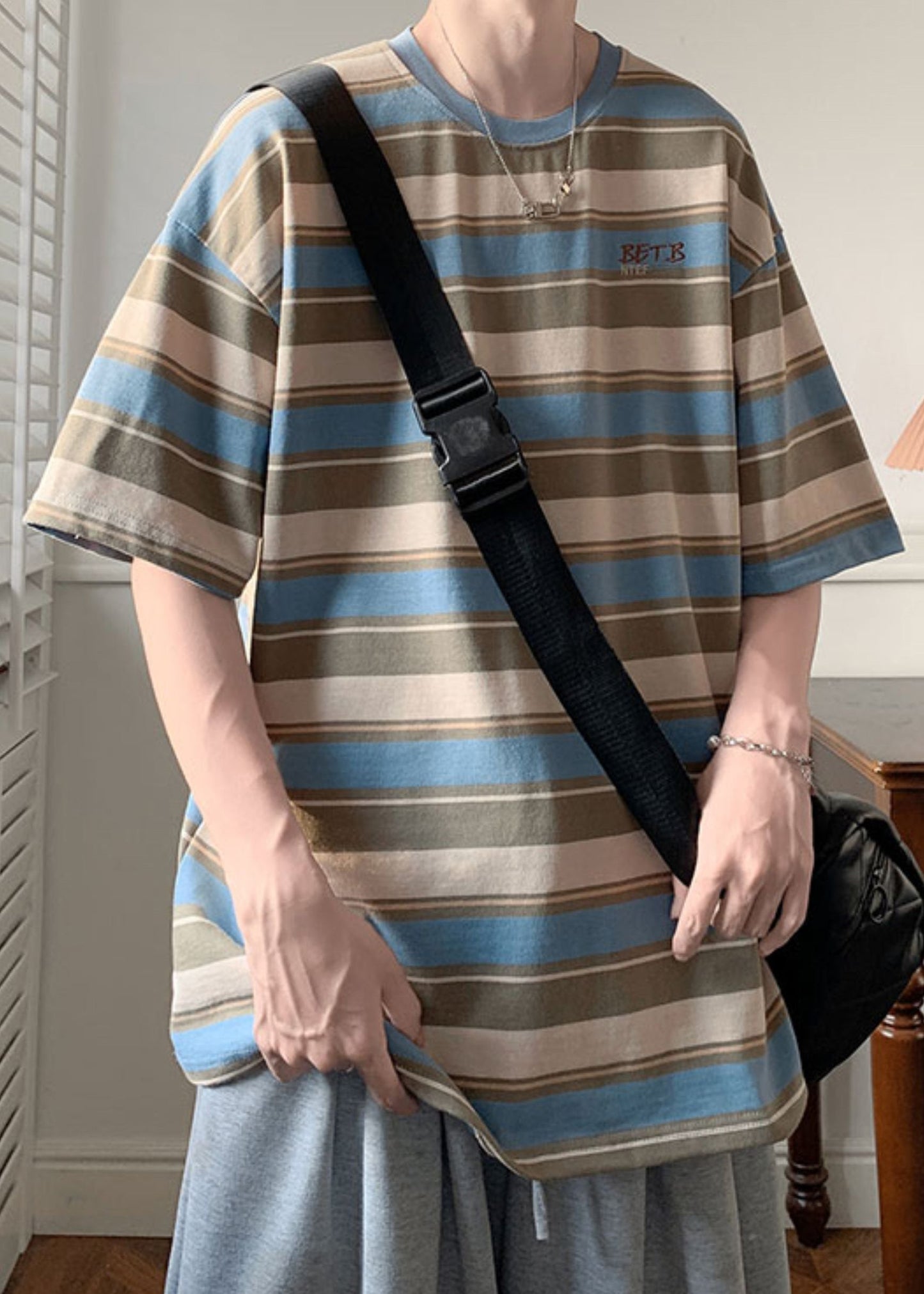 Chemises d'été en coton à rayures bleues pour homme