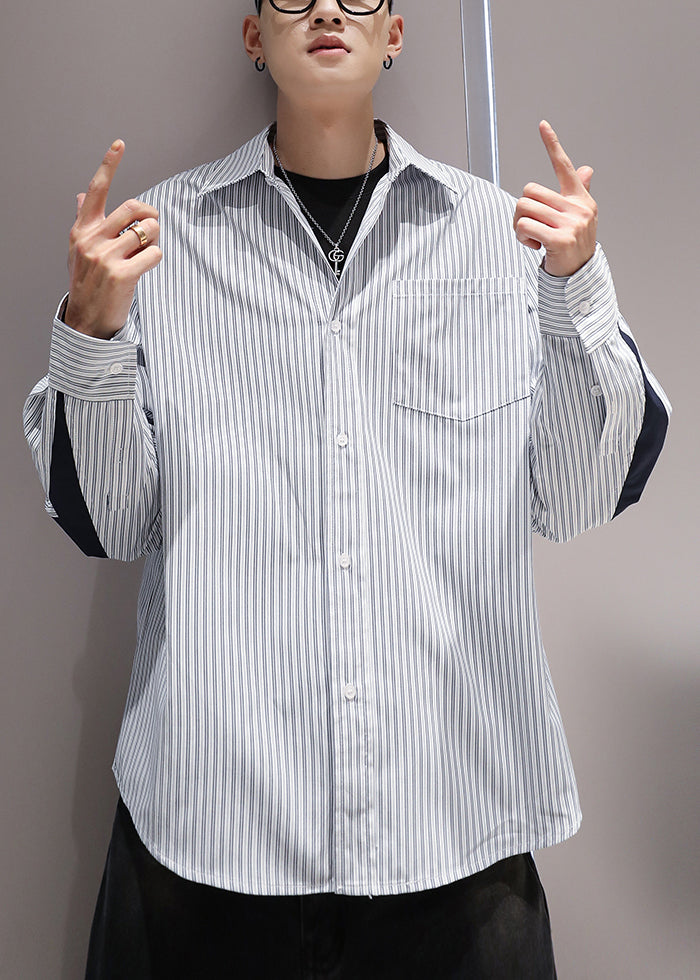 Kragen Patchwork Hemden Peter Blau Baumwolle Gestreift Taschen Pan Männer