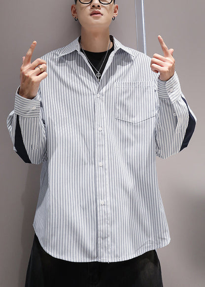 Kragen Patchwork Hemden Peter Blau Baumwolle Gestreift Taschen Pan Männer