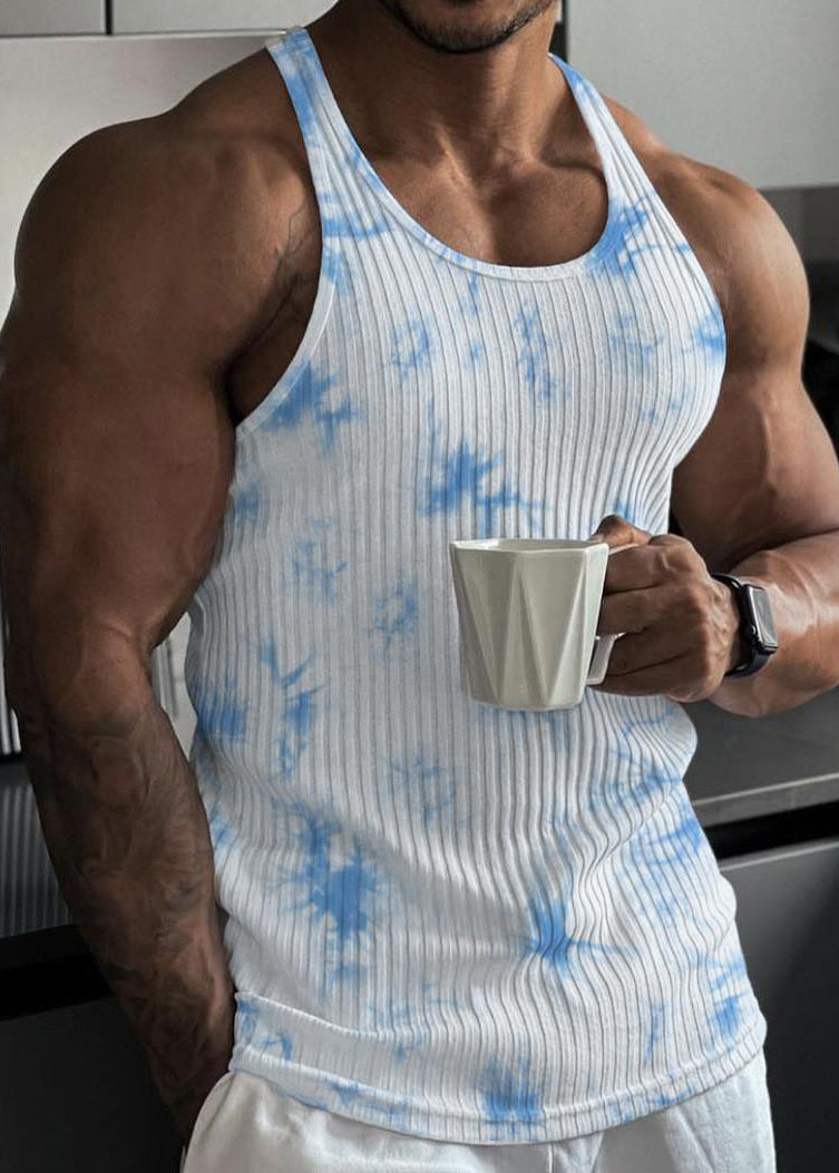 Débardeur rayé sans manches à col noué en coton bleu teint