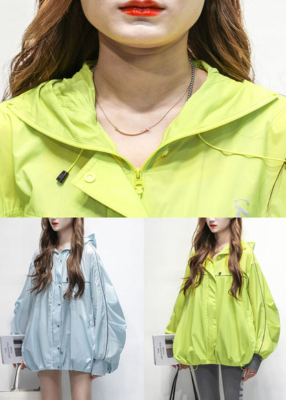 Zippered Blue Cotton Summer Hooded Pockets Thin Coats