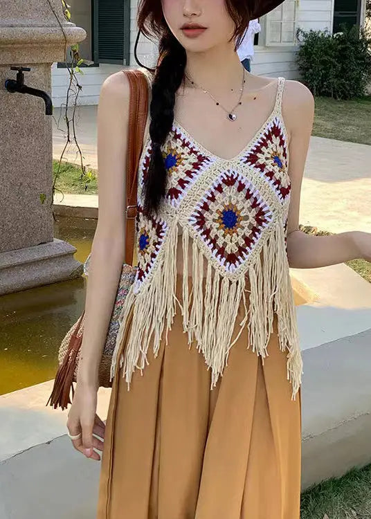 Bohemian Apricot Hollow Out Tasseled Strap Tank Summer Ada Fashion