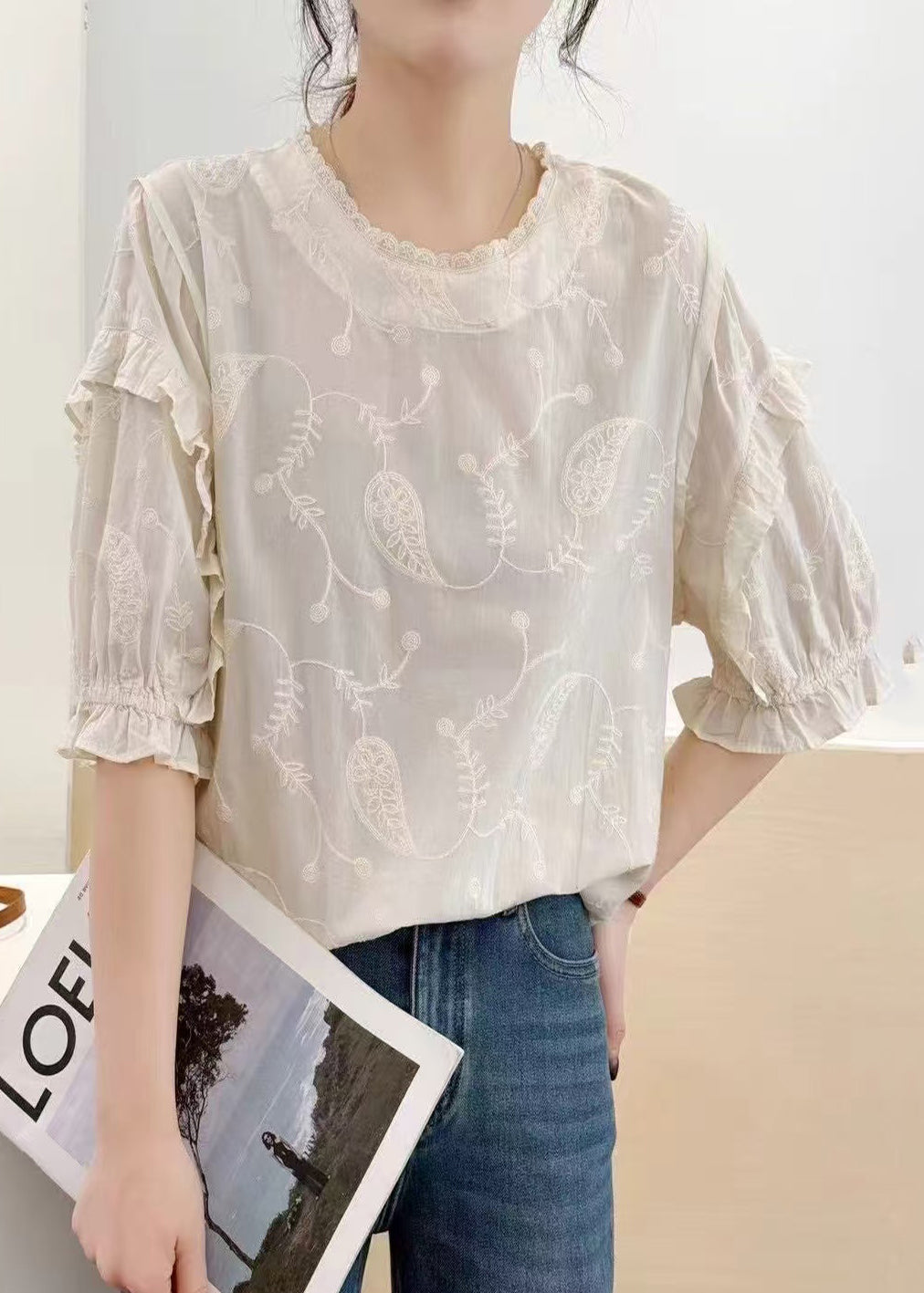 Beige Bohemian Tanks Bestickte Sommer Baumwolle