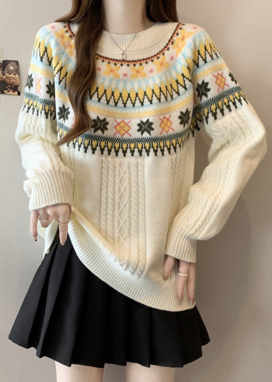 Pull en maille épaisse jacquard beige bohème à col rond, hiver RG029