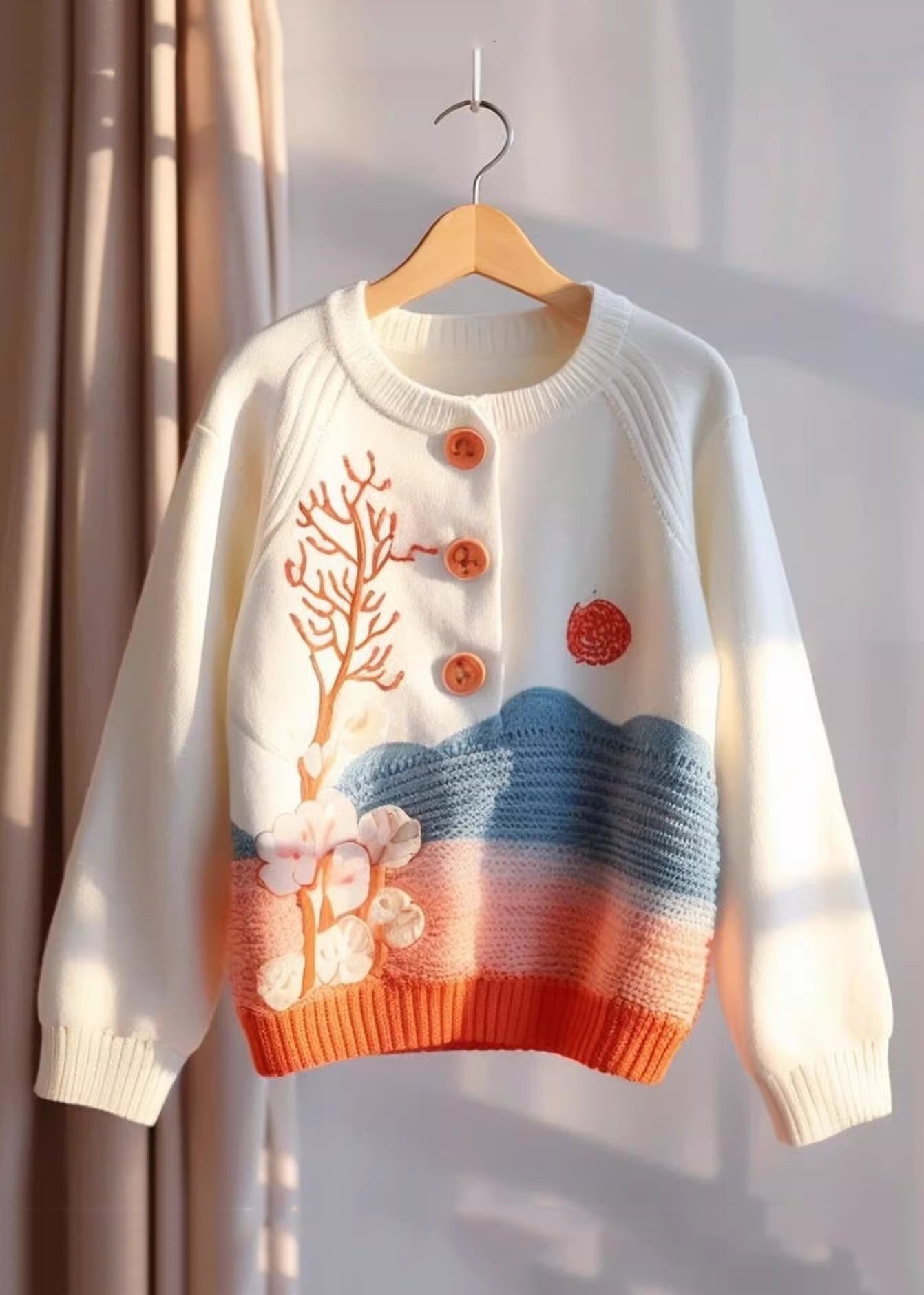 Bohemian Beige Print Button Knit Sweaters Fall QG009