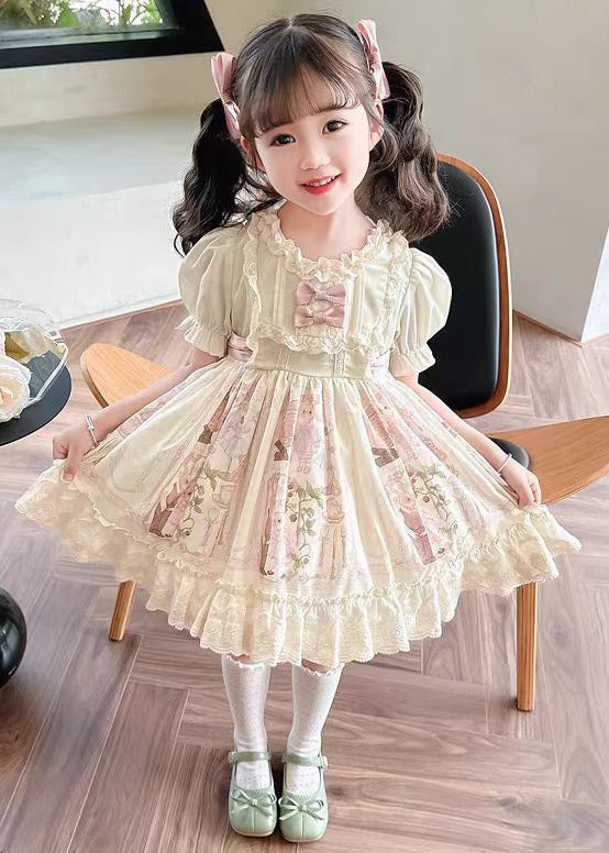 Bohemian Beige Ruffled Print Lace Up Cotton Girls Dresses Summer TT006