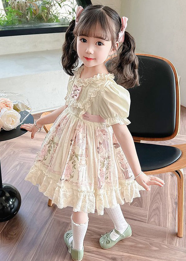 Bohemian Beige Ruffled Print Lace Up Cotton Girls Dresses Summer TT006