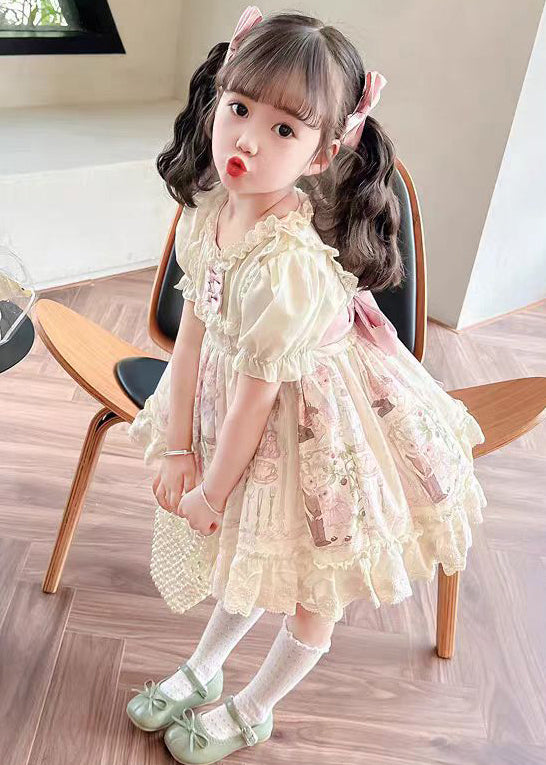 Bohemian Beige Ruffled Print Lace Up Cotton Girls Dresses Summer TT006