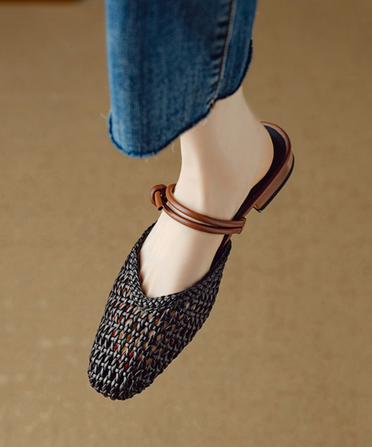 Sandals Hollow Beige Breathable Bohemian Woven Out Slide