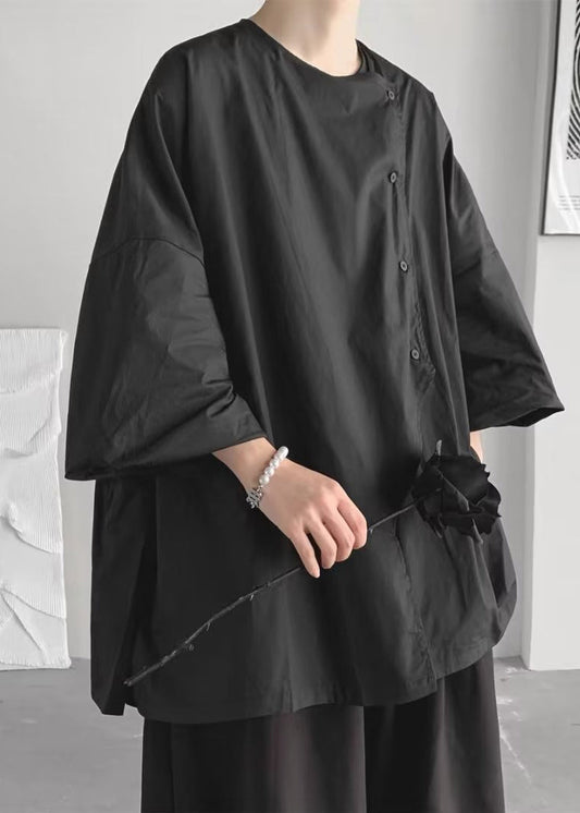 Bohemian Schwarz Asymmetrische Übergroße Baumwolle Shirts Frühling TZ011