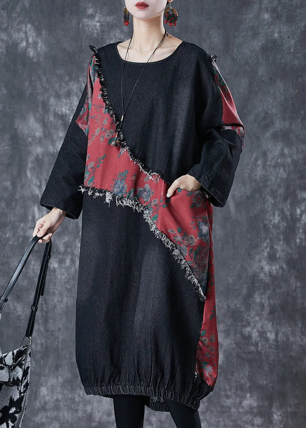 Bohemian Black Asymmetrical Patchwork Denim Holiday Dress Fall Ada Fashion