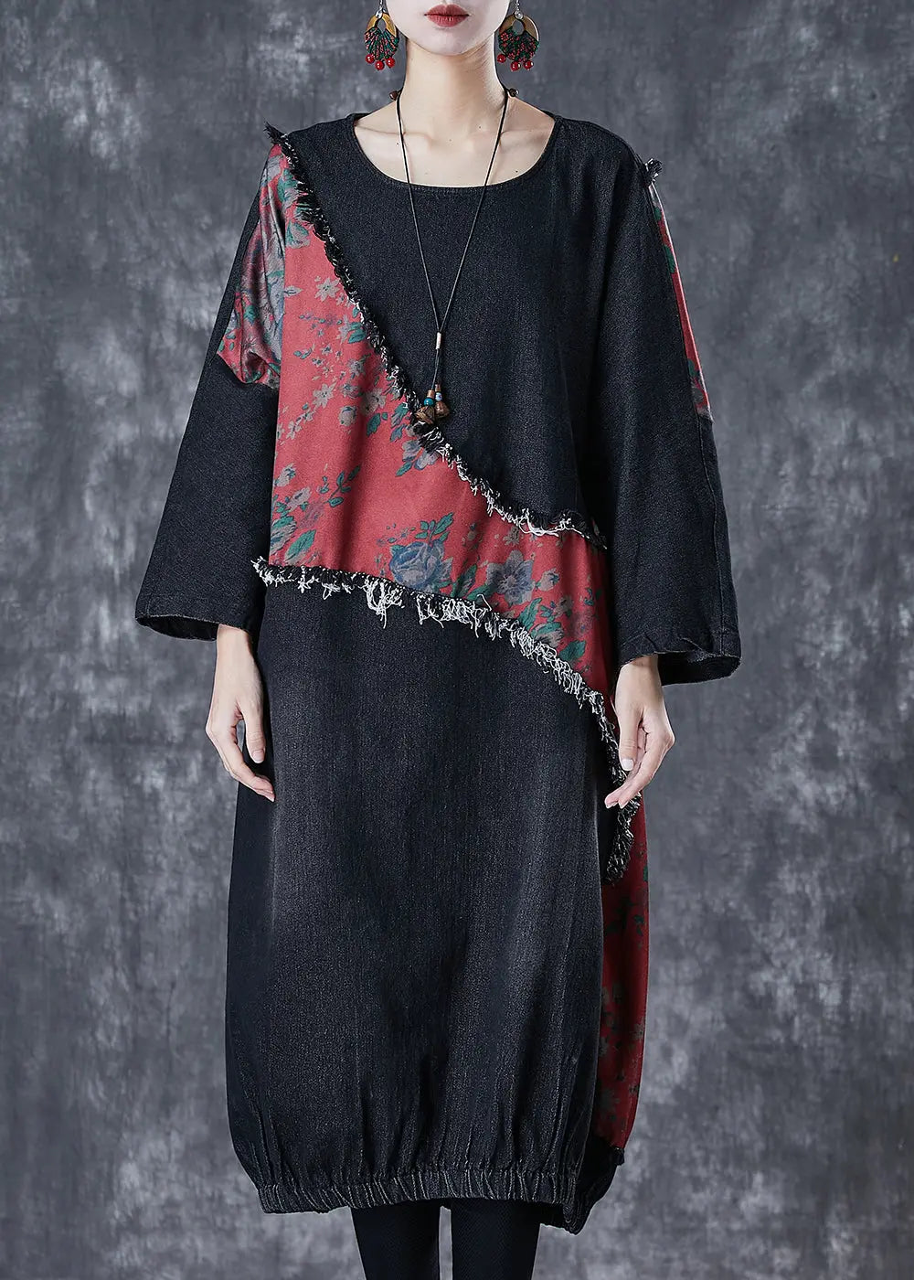 Bohemian Black Asymmetrical Patchwork Denim Holiday Dress Fall Ada Fashion