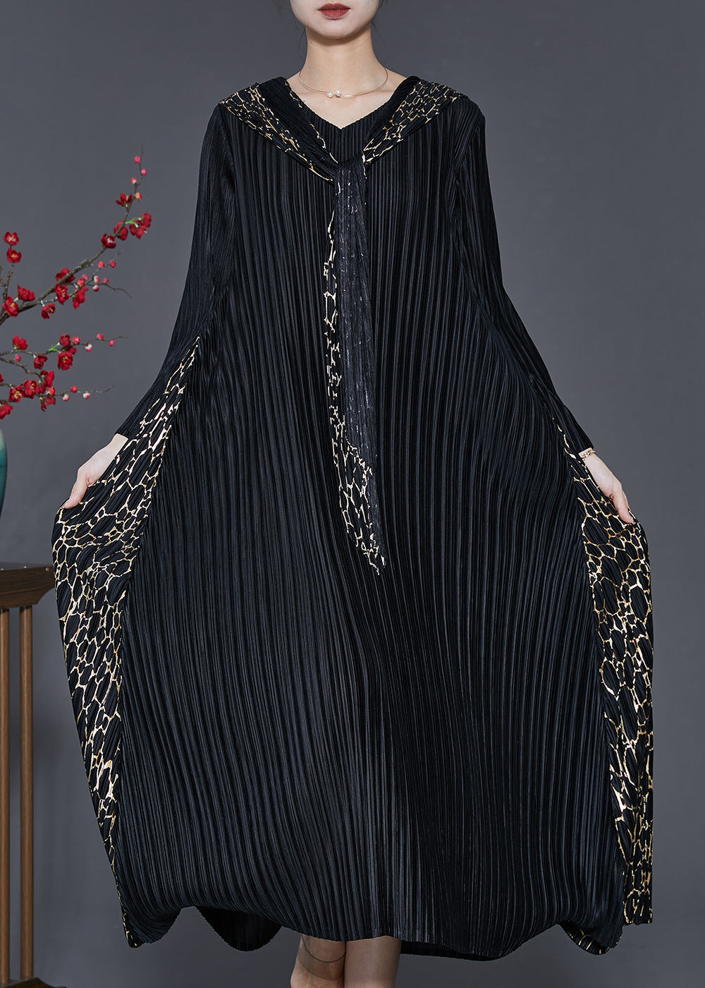 Bohemian Black Hooded Patchwork Wrinkled Maxi Dresses Spring SD1065