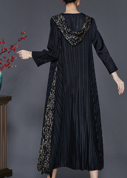 Robe longue froissée à capuche noire style bohème en patchwork, printemps SD1065